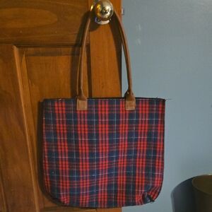 Red and Blue Plaid Tote Bag with Brown Handles